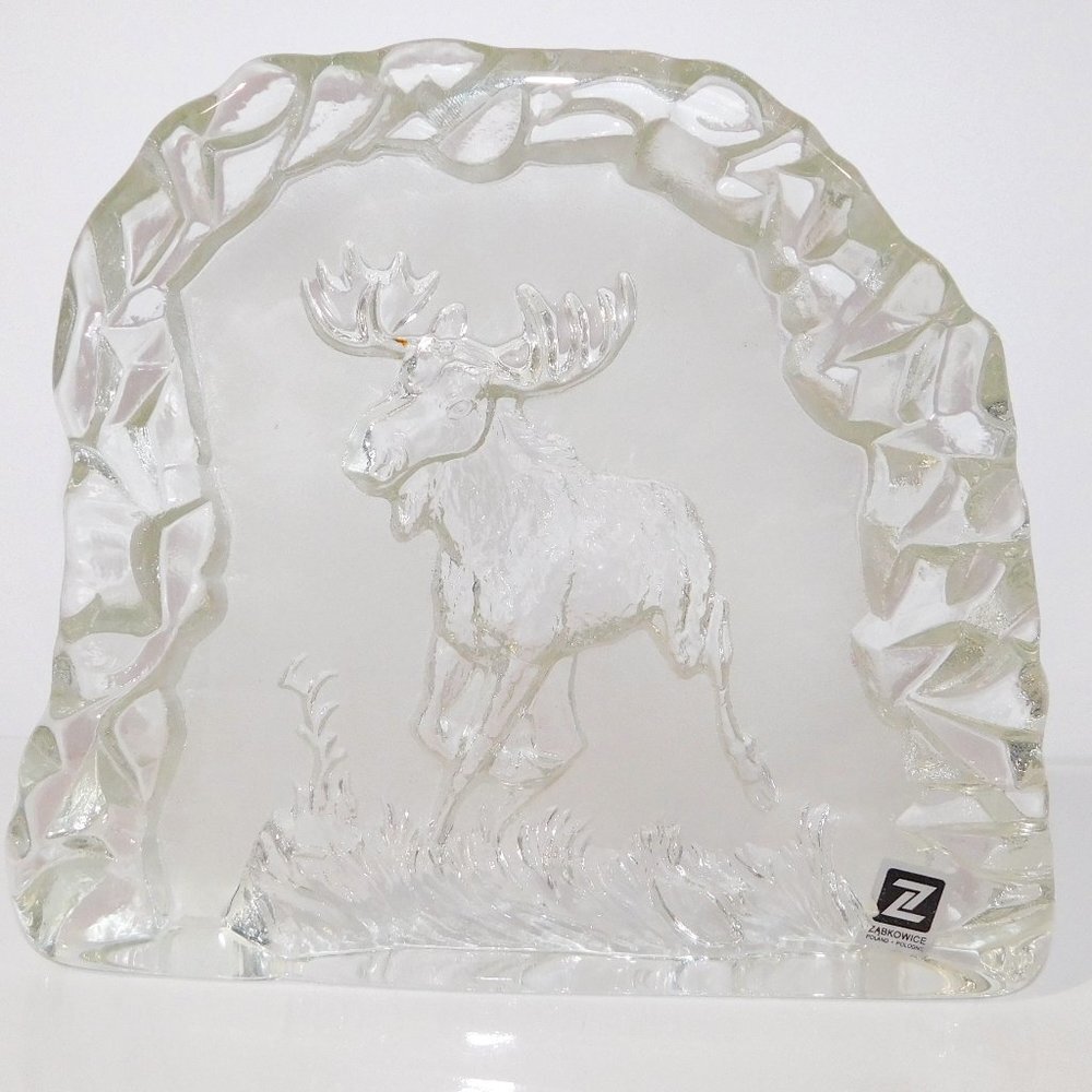 Zabkowice Poland Moose clear block art glass 7.25" x 8.5" Décor Accent VTG 80s